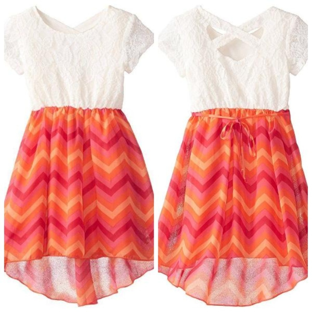 Speechless Girls Coral Lace Chevron Hi Low Dress‎ size 6x Short Sleeve